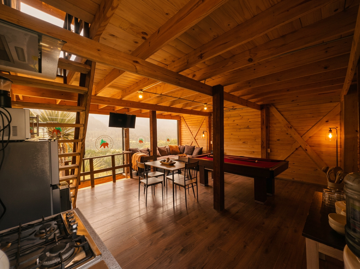 Estancia de madera con mesa de billar y vista al bosque