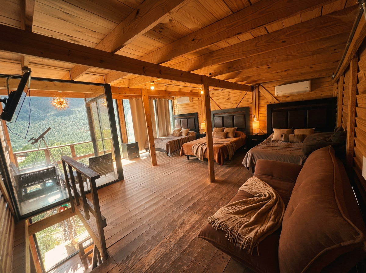 Habitación amplia con tres camas y ventanales
