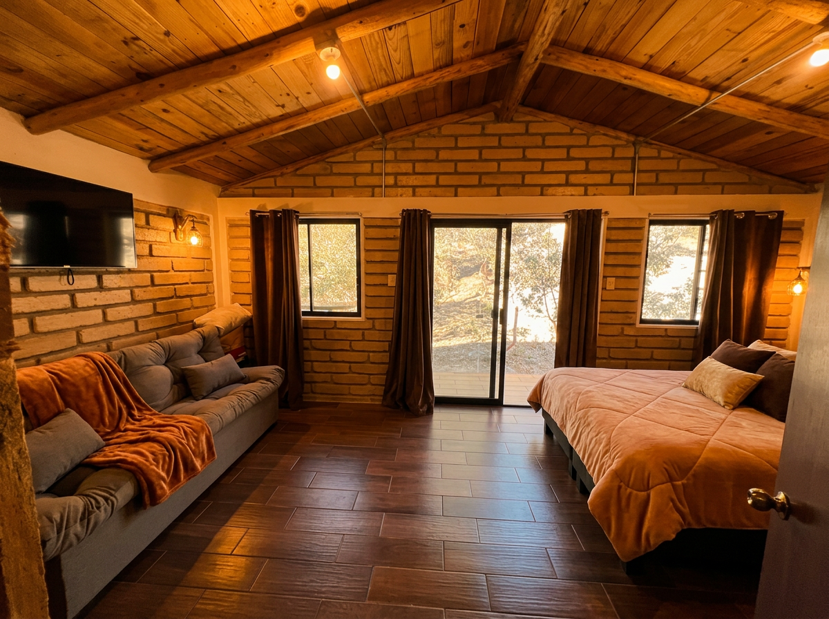 Habitación rústica de ladrillo y madera con cama king