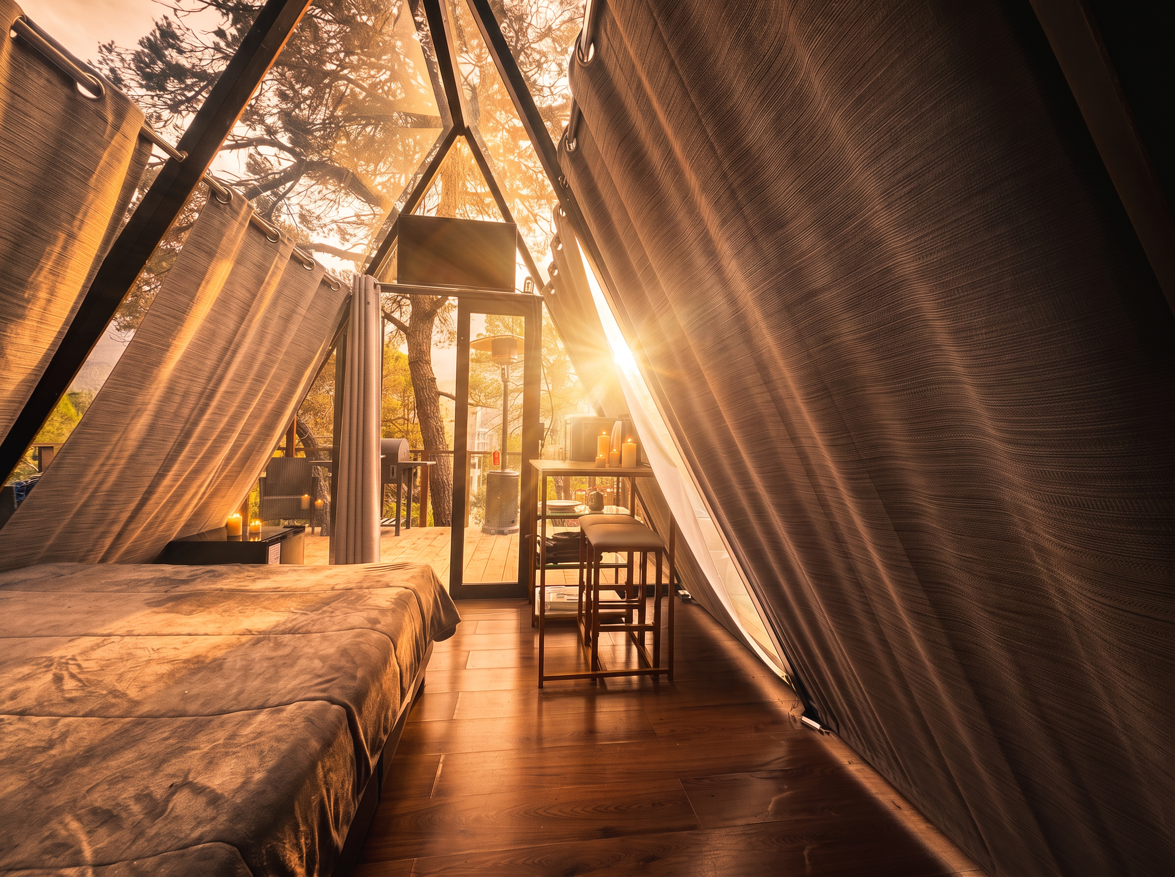 Cama y área de cocineta dentro de ALTAIR con cortinas y piso de madera