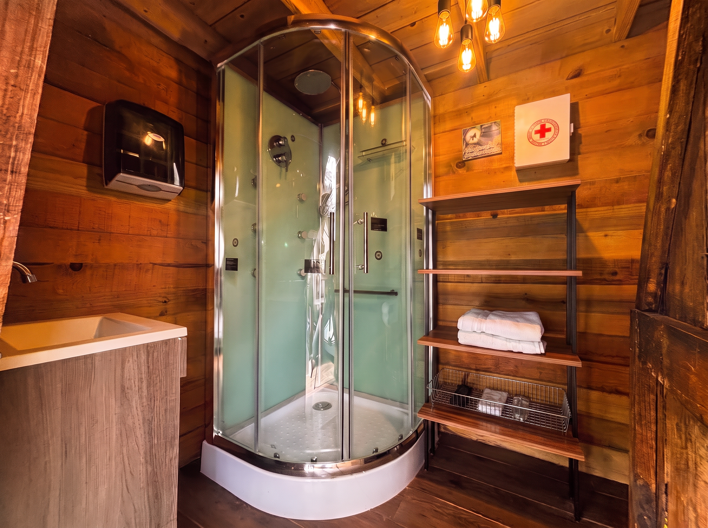 Baño rústico de ALTAIR con regadera hidromasaje y acabados en madera
