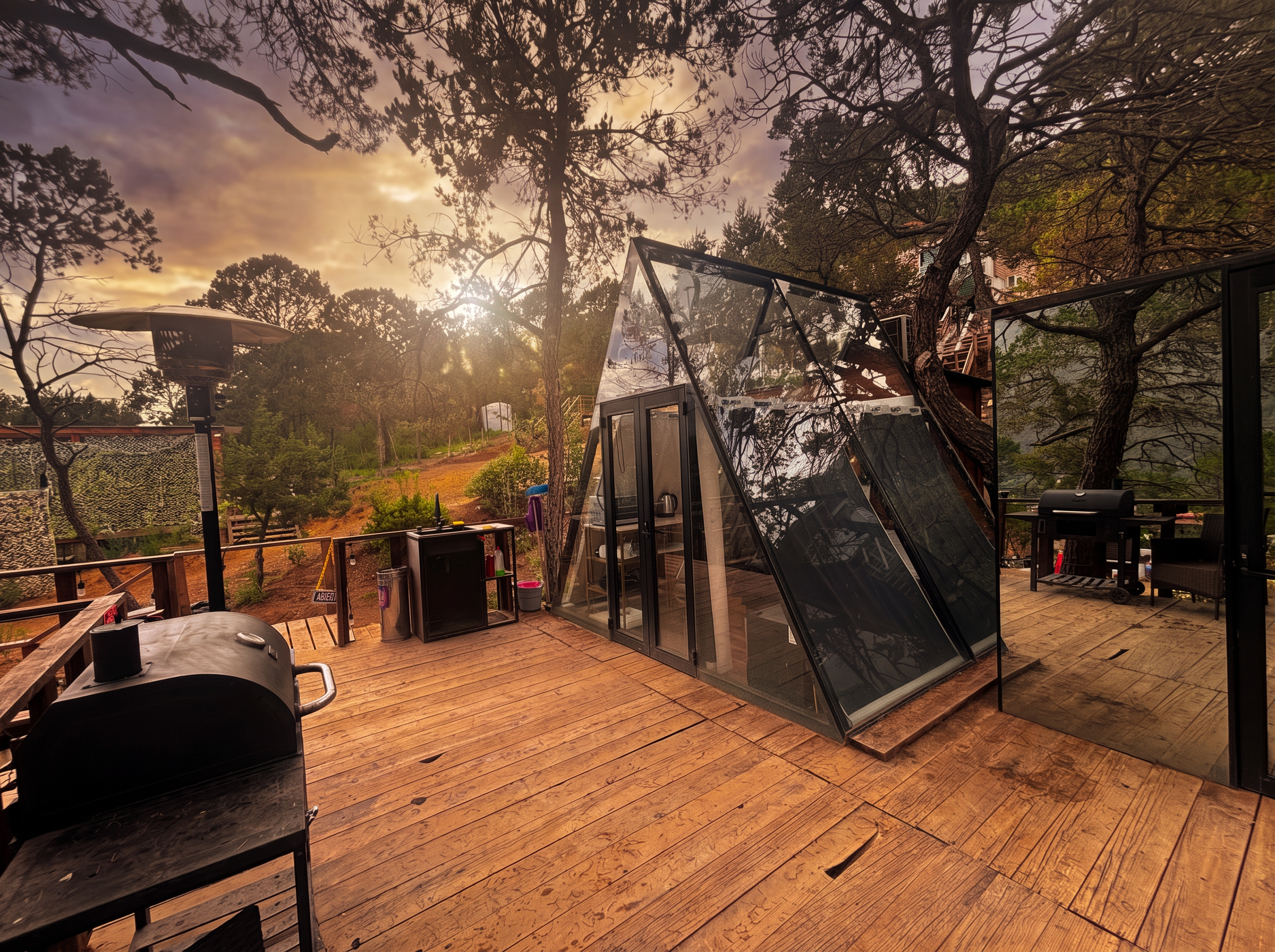 Exterior de la cabaña ALTAIR: estructura A-frame de cristal entre los pinos con deck de madera