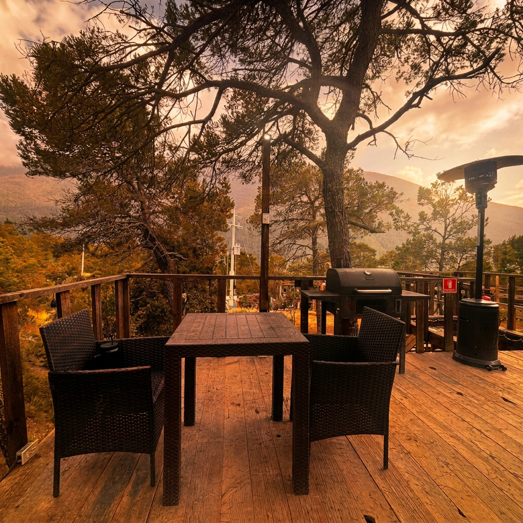 Terraza privada de ALTAIR con mesa, sillas, asador y calentador de patio con vista a la montaña
