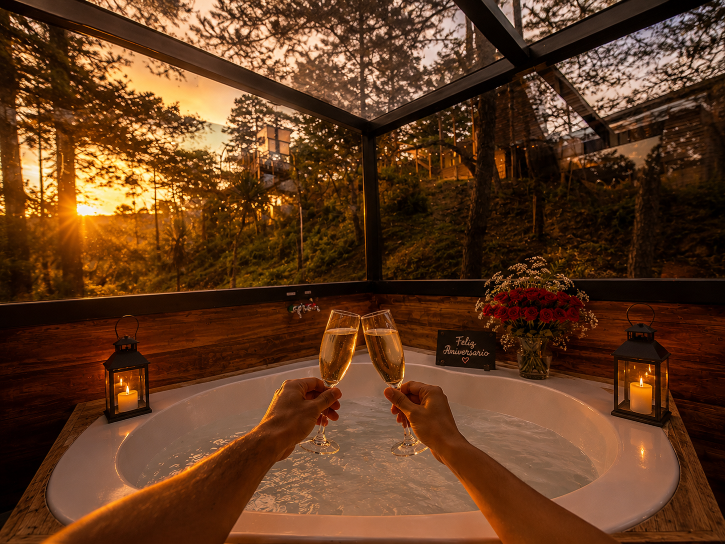 Jacuzzi privado de ALTAIR decorado para aniversario con champagne, velas, rosas y vista al bosque al atardecer