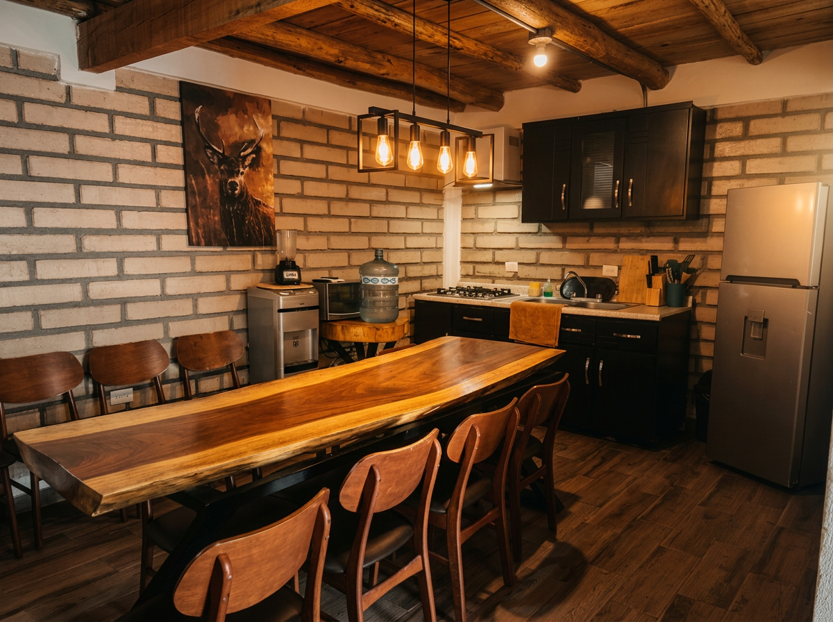 Comedor de madera de parota y cocina equipada