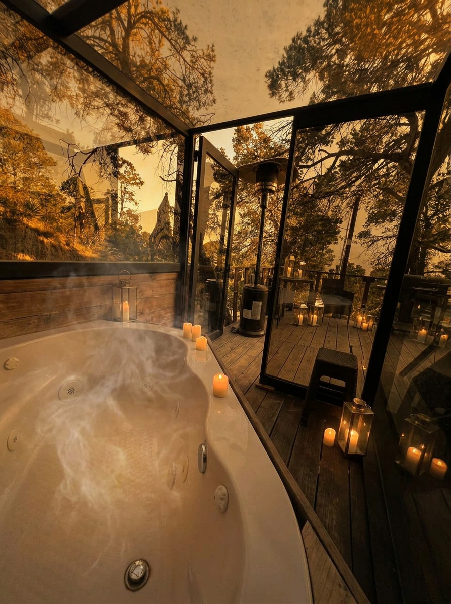 Jacuzzi con paredes de cristal rodeado de pinos