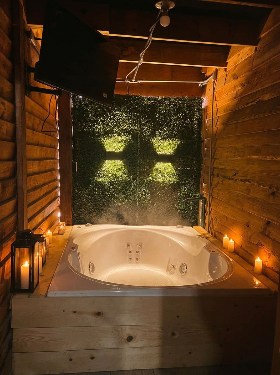 Jacuzzi interior con muro verde y velas