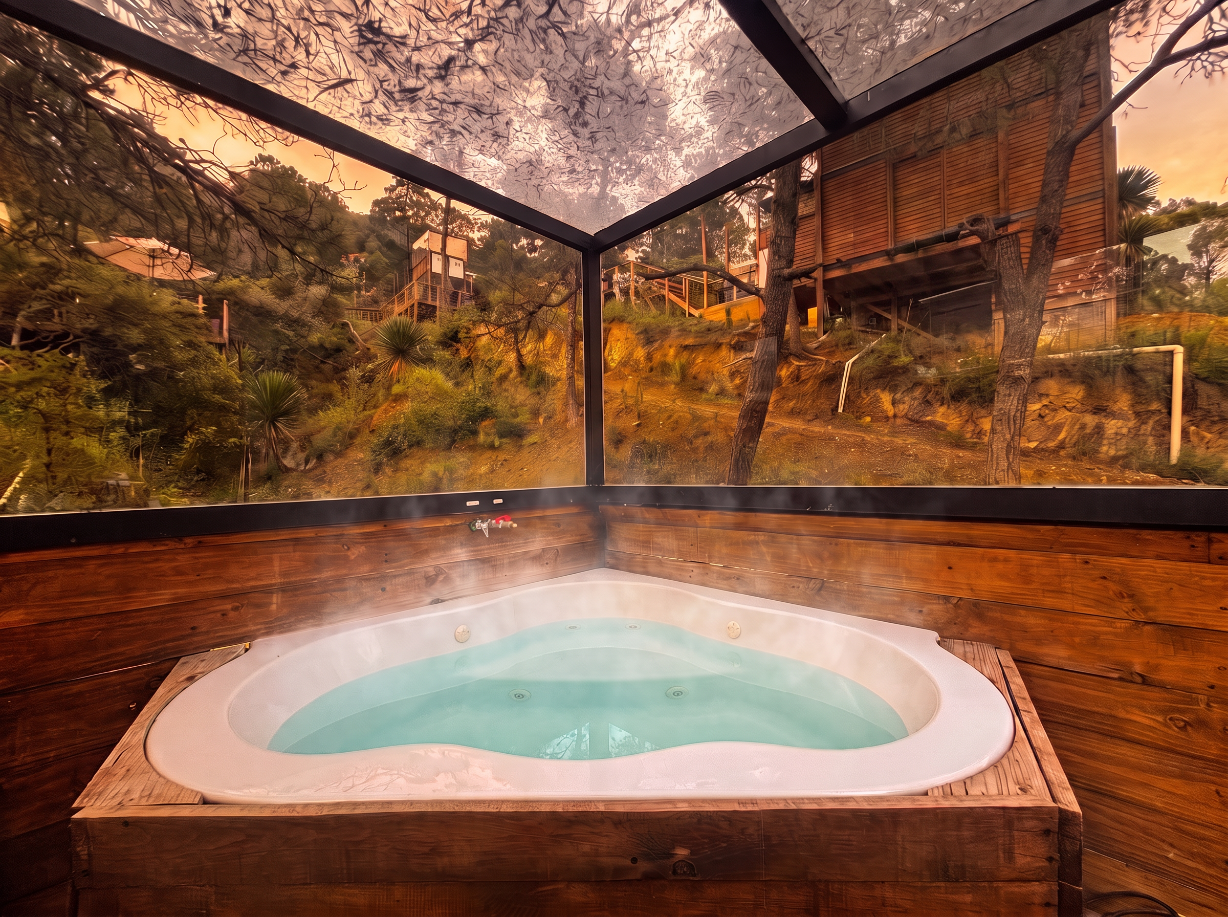 Jacuzzi privado de ALTAIR con agua cristalina, vapor cálido y vista al bosque al atardecer